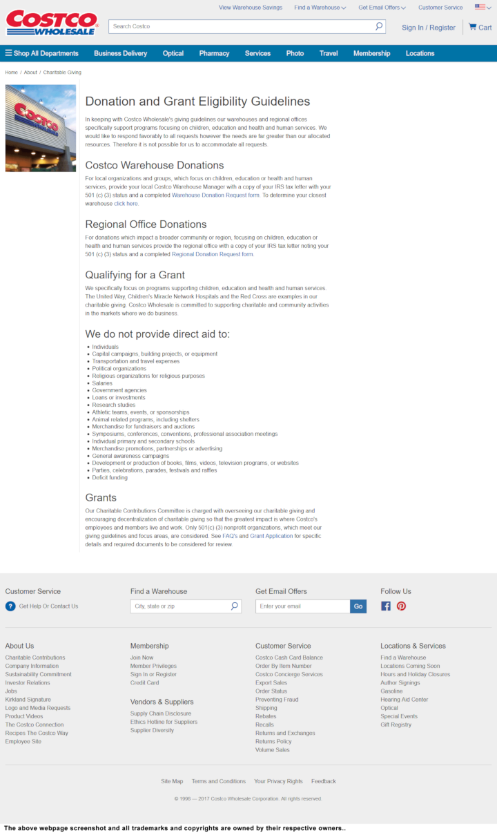 
                Costco donation info and form. https://www.costco.com/