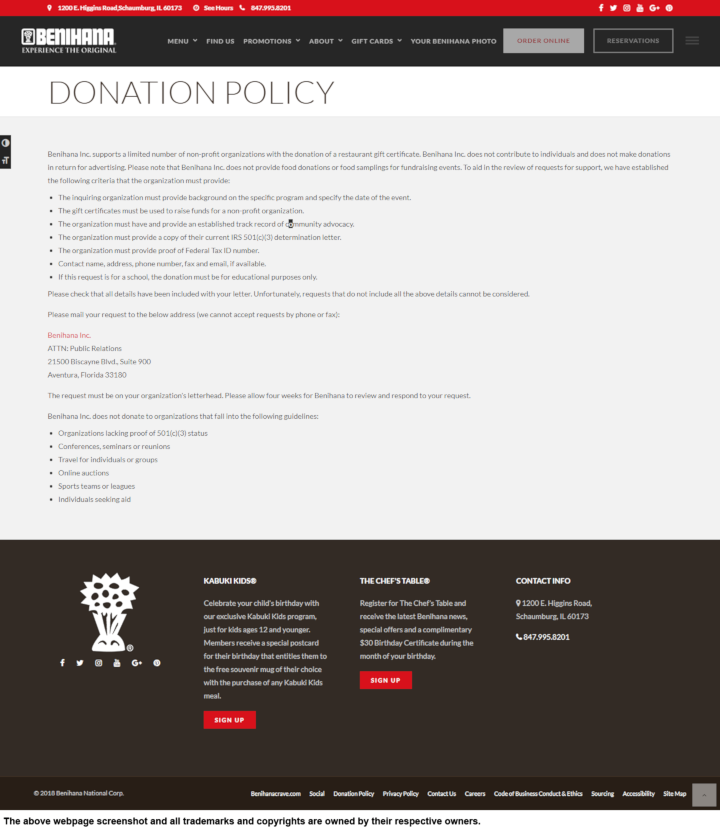 
                Benihana donation info and form. https://www.benihana.com