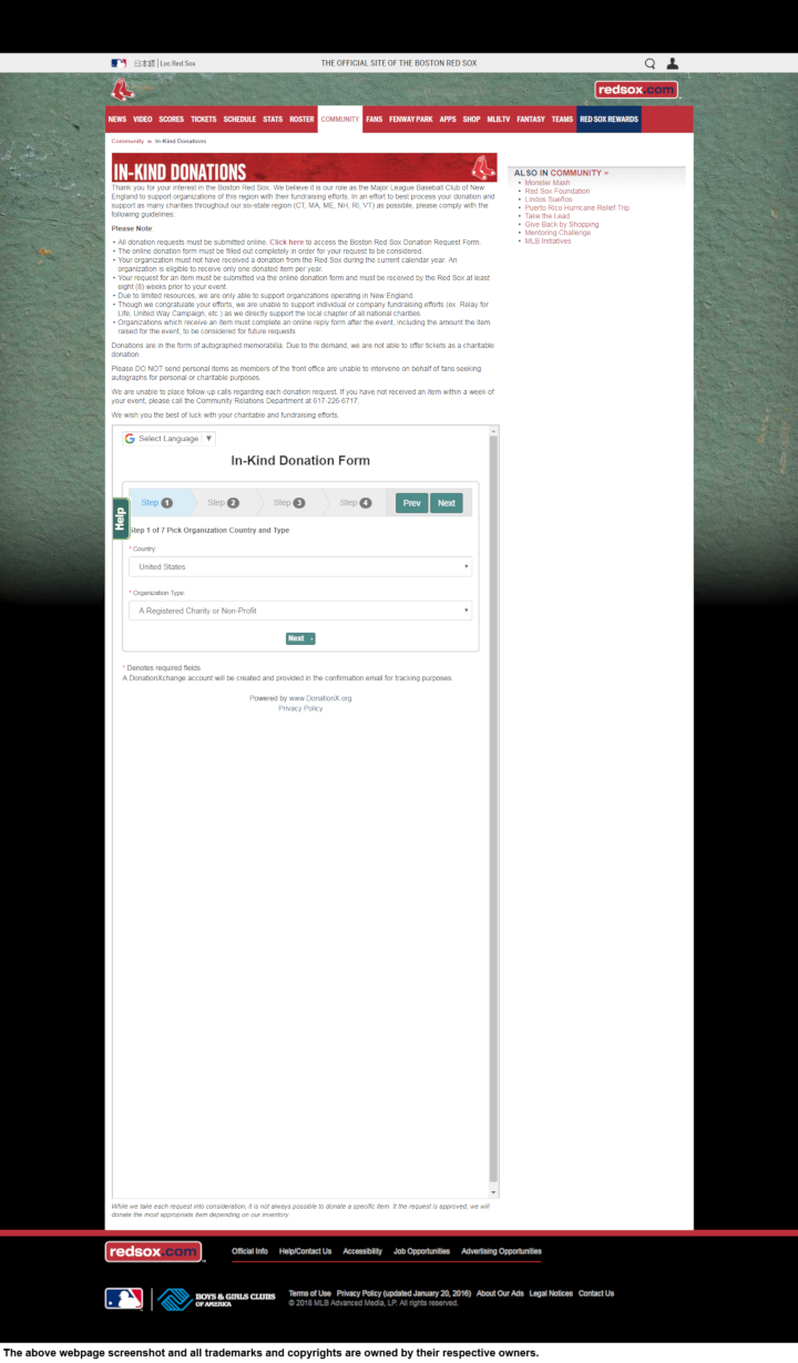 Product Donation Guide Boston Red Sox