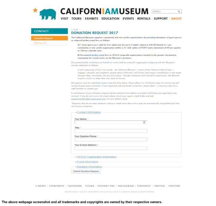 
                California Museum donation info and form. http://www.californiamuseum.org