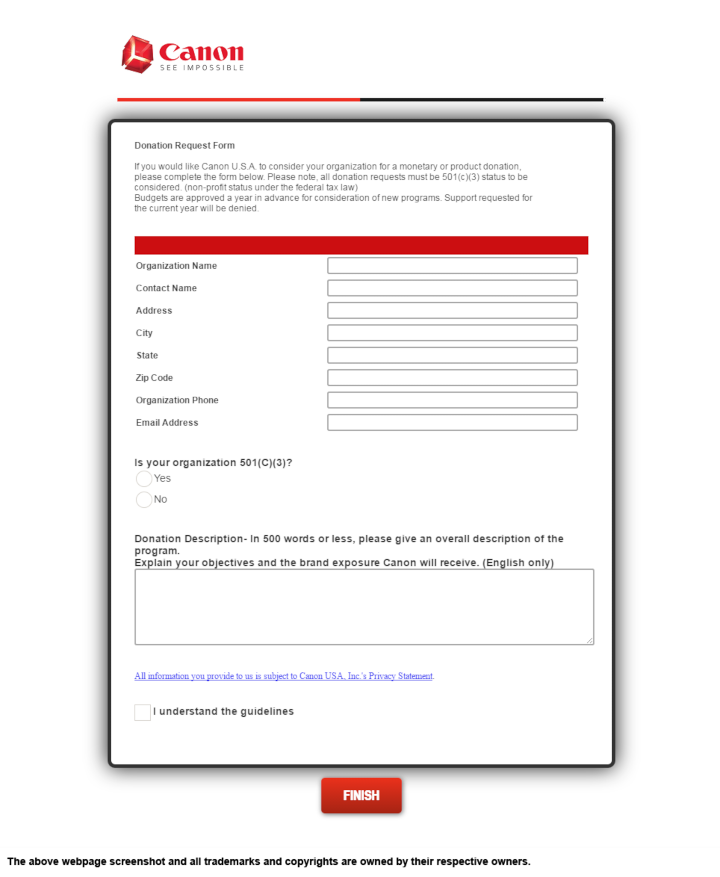 
                Canon U.S.A donation info and form. https://www.usa.canon.com