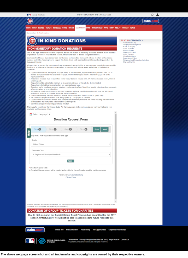 
                Chicago Cubs donation info and form. http://chicago.cubs.mlb.com