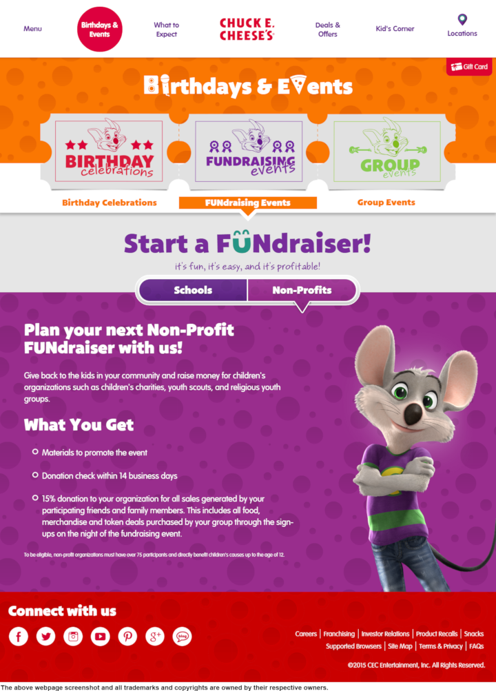 
                Chuck E Cheese's donation info and form. https://www.chuckecheese.com