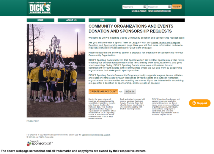
                Dick's Sporting Goods donation info and form. http://www.dickssportinggoods.com