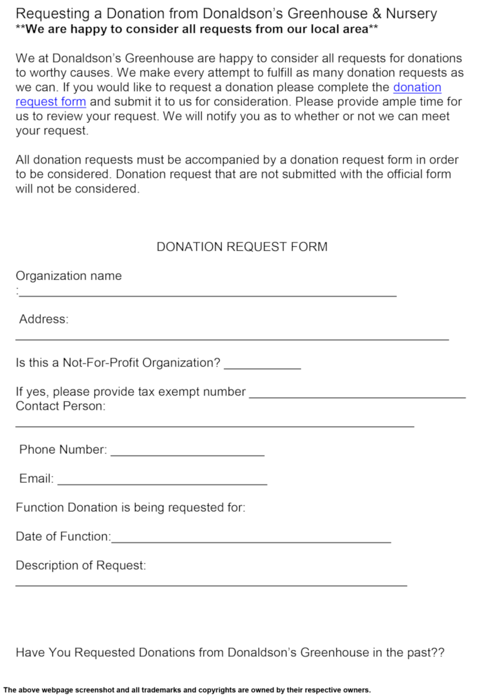 
                Donaldson's Greenhouse & Nursery donation info and form. http://donaldsongreenhouse.com