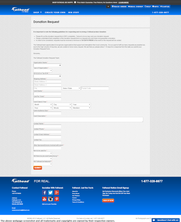 
                Fathead donation info and form. http://www.fathead.com