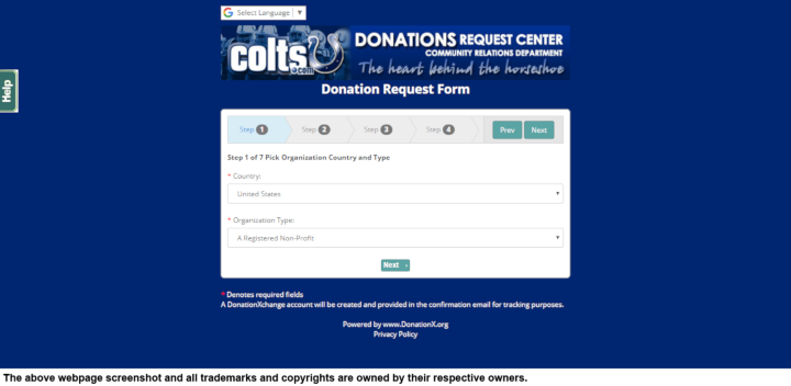 
                Indianapolis Colts donation info and form. http://www.colts.com