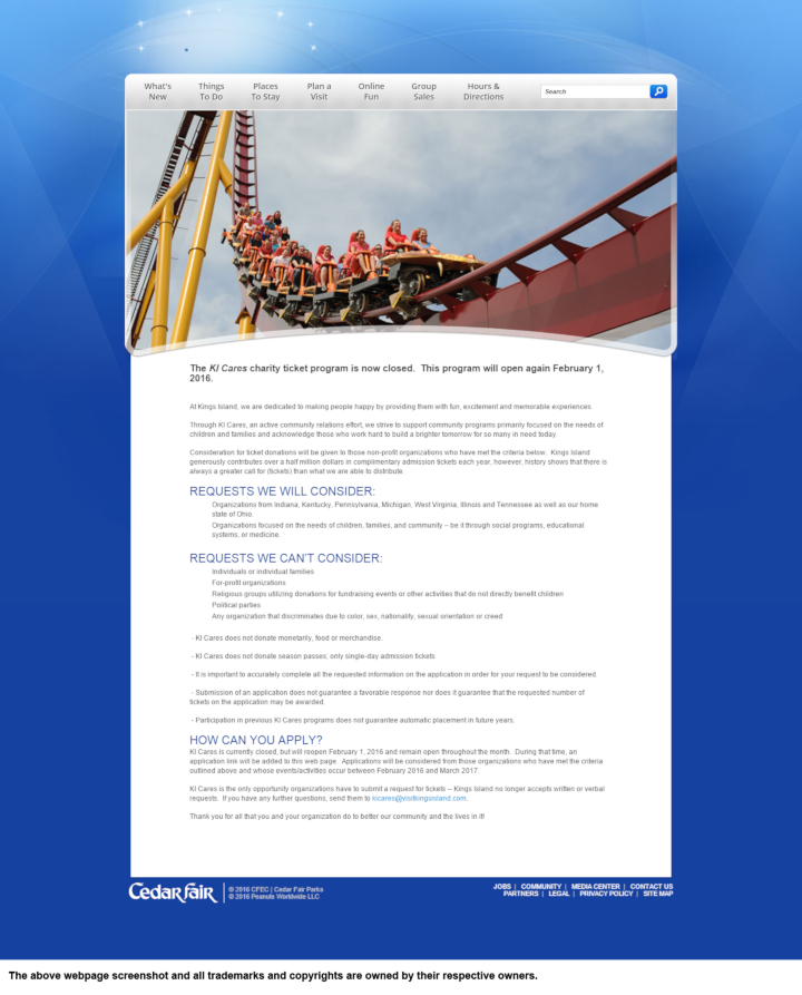 
                Kings Island donation info and form. https://www.visitkingsisland.com