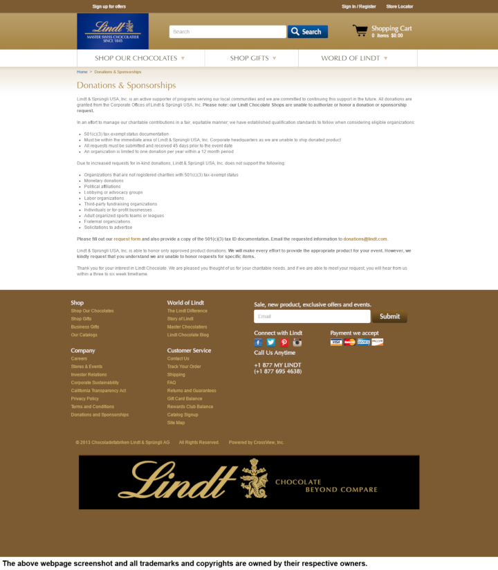 
                Lindt donation info and form. http://www.lindtusa.com