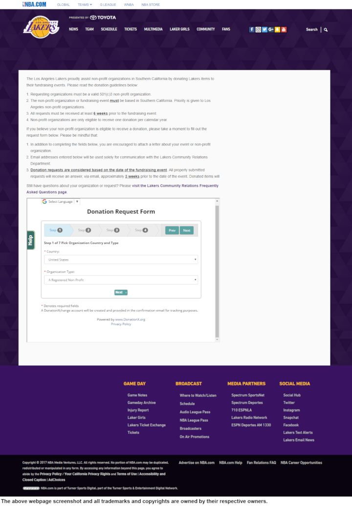 
                Los Angeles Lakers donation info and form. http://www.nba.com/lakers