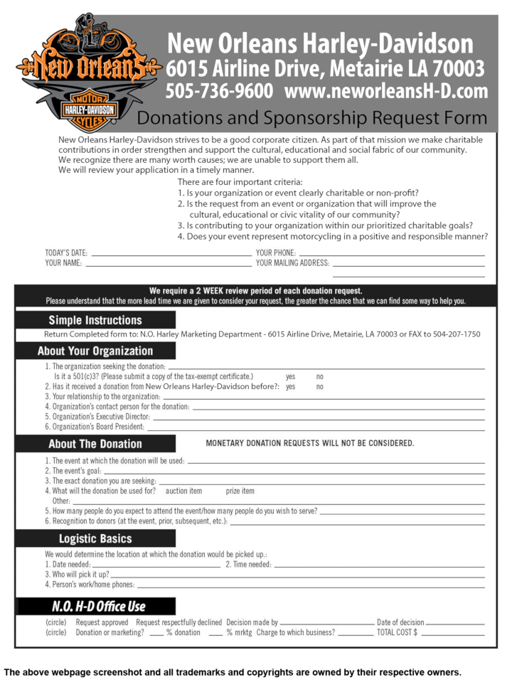 
                New Orleans Harley-Davidson donation info and form. http://www.neworleansh-d.com