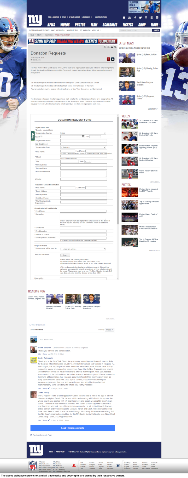 
                New York Giants donation info and form. http://www.giants.com