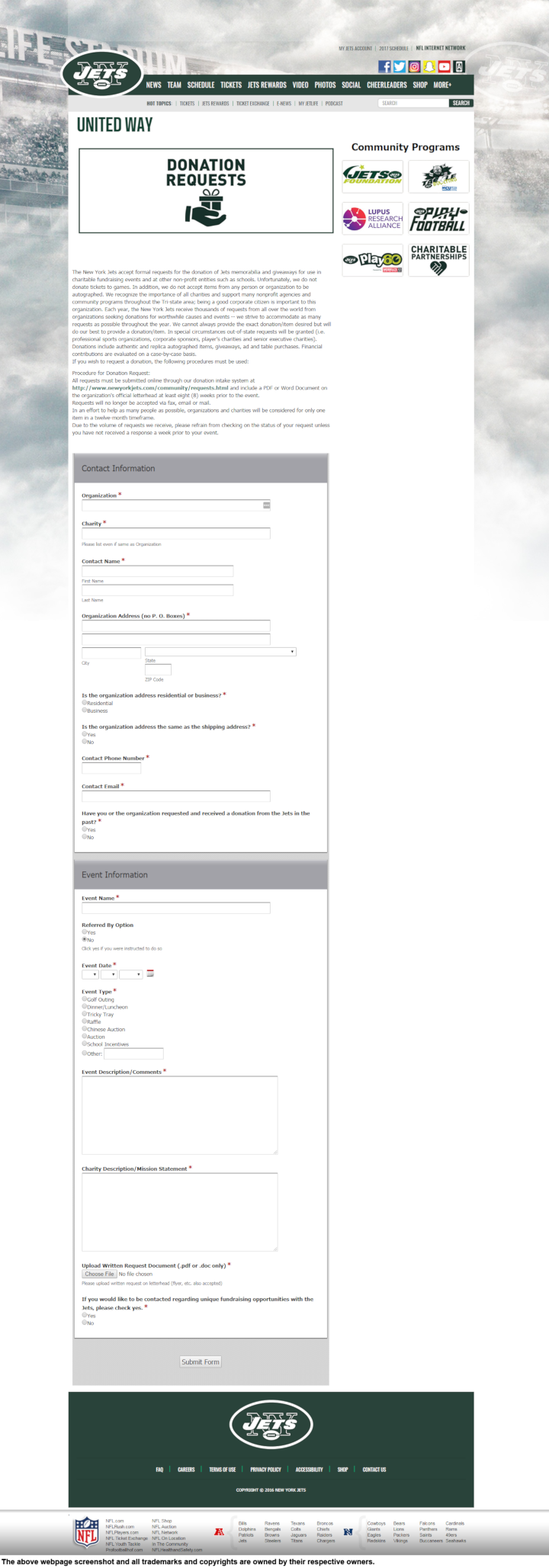 
                New York Jets donation info and form. http://www.newyorkjets.com