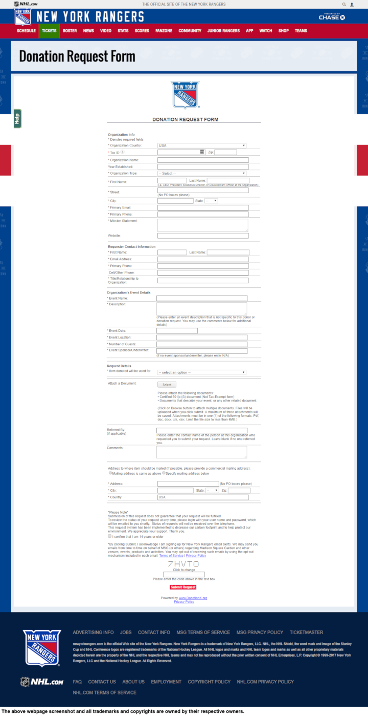 
                New York Rangers donation info and form. https://www.nhl.com/rangers