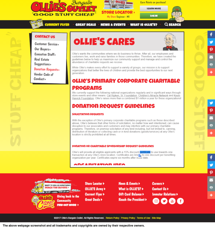 
                Ollie's Bargain Outlet donation info and form. http://www.ollies.us