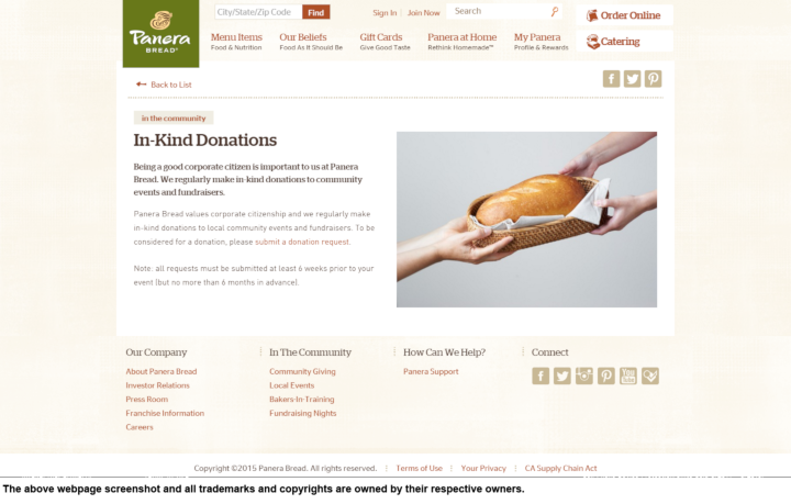 
                Panera Bread donation info and form. https://www.panerabread.com