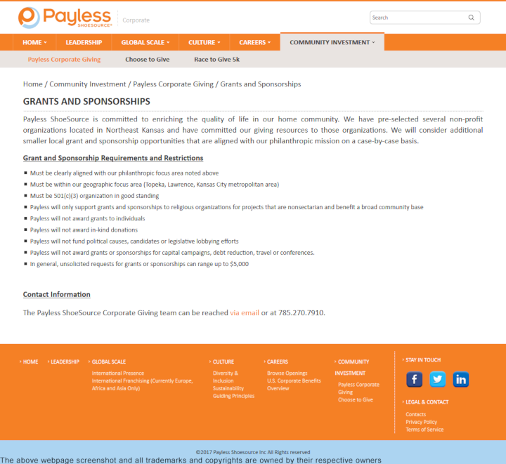 
                Payless ShoeSource donation info and form. http://www.payless.com