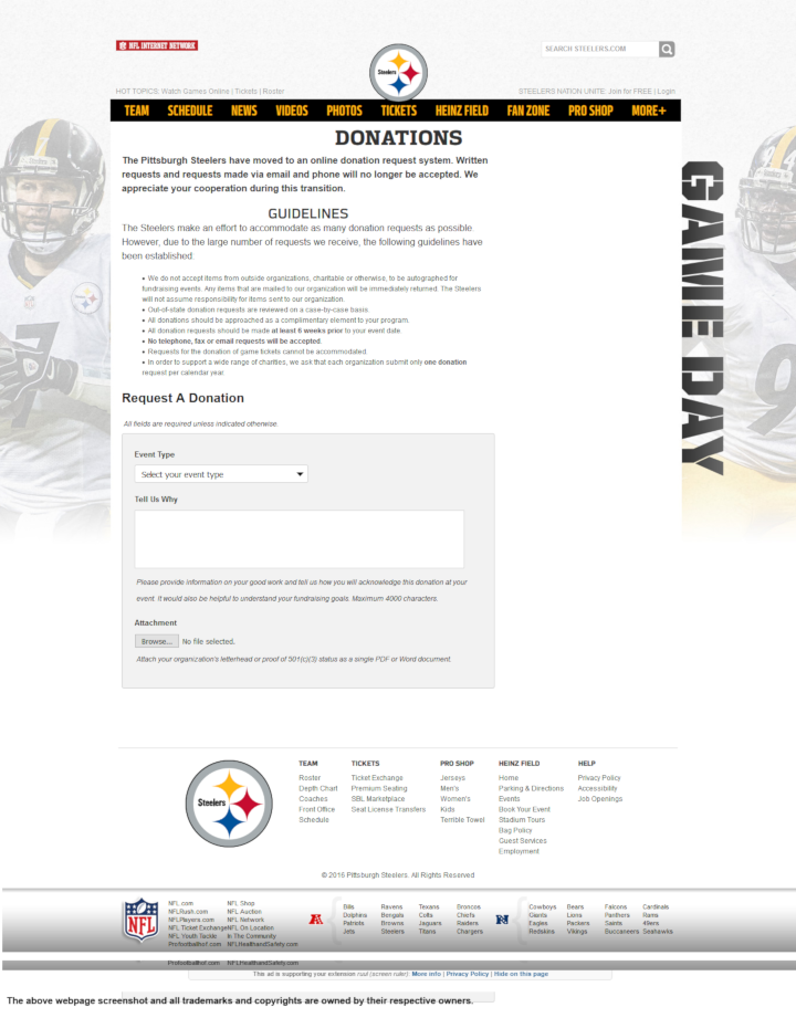 
                Pittsburgh Steelers donation info and form. http://www.steelers.com