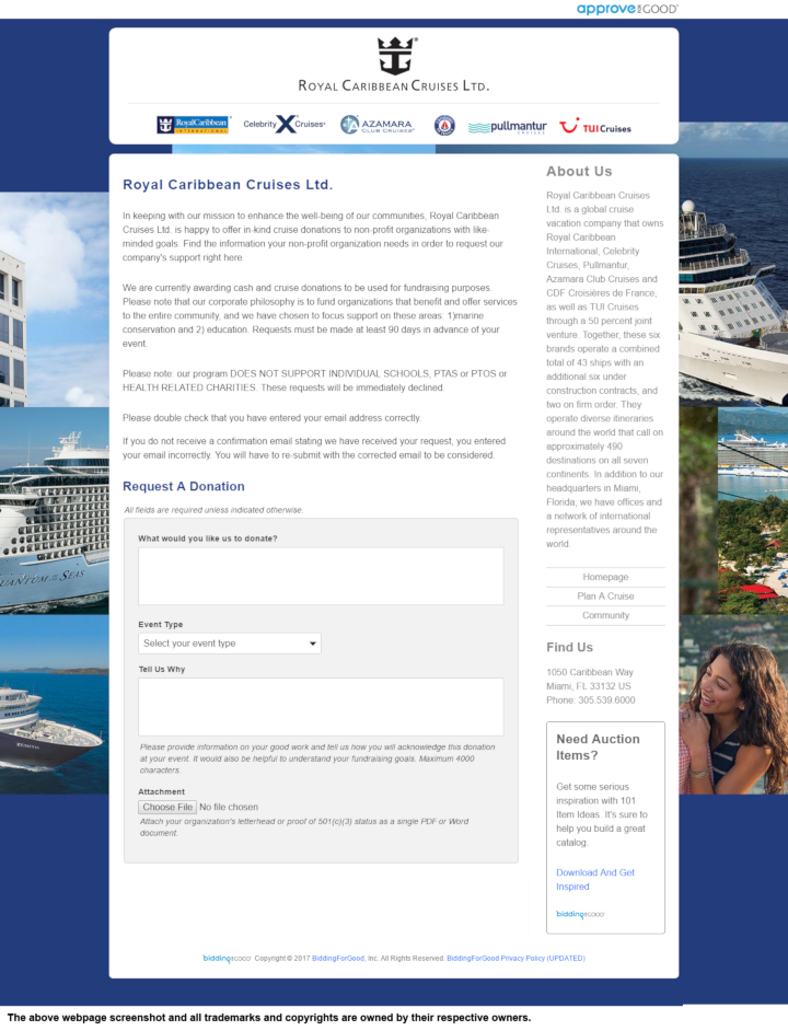 
                Royal Caribbean donation info and form. http://www.royalcaribbean.com