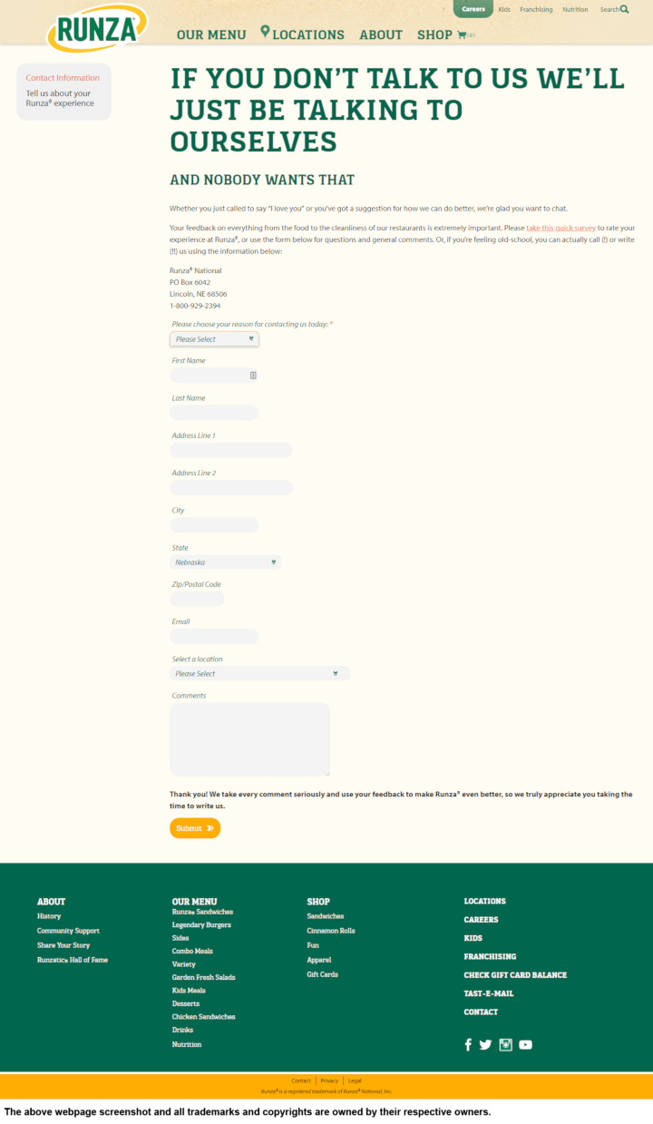 
                Runza donation info and form. https://www.runza.com