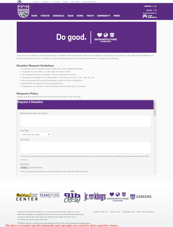 
                Sacramento Kings donation info and form - https://www.nba.com/kings/