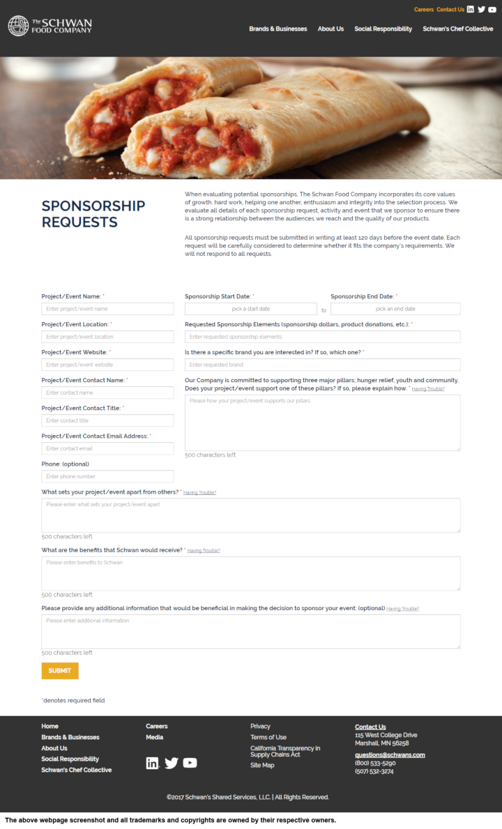 
                The Schwan Food Company donation info and form. http://www.theschwanfoodcompany.com