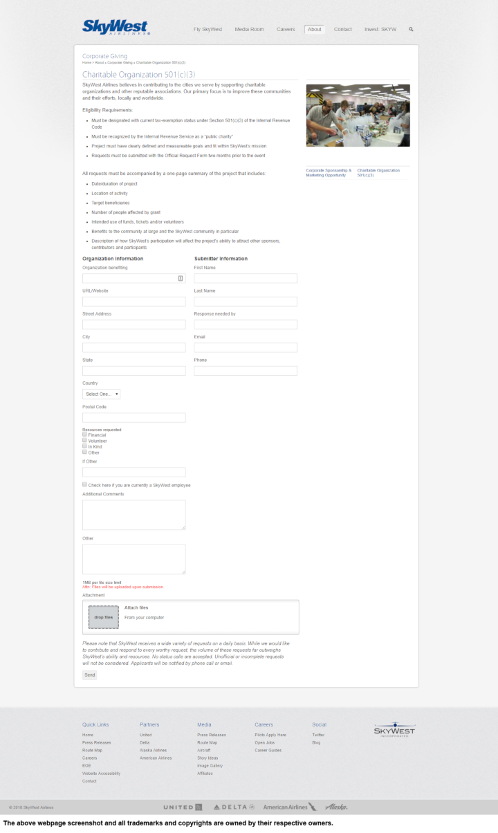 
                SkyWest Airlines donation info and form. http://www.skywest.com