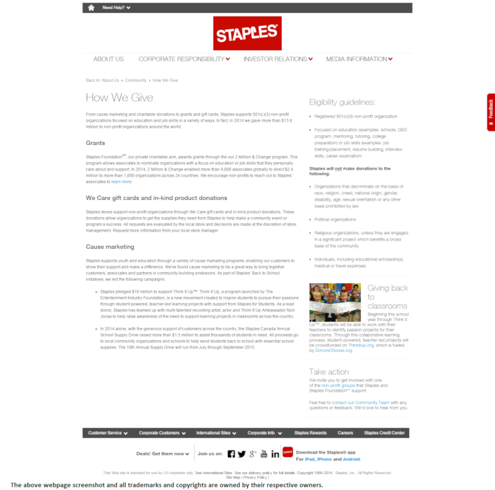 
                Staples donation info and form. http://www.staples.com/