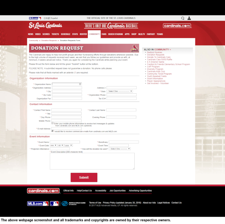 
                St. Louis Cardinals donation info and form. http://stlouis.cardinals.mlb.com