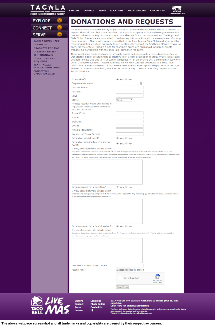 
                Tacala Companies donation info and form. http://www.tacala.com