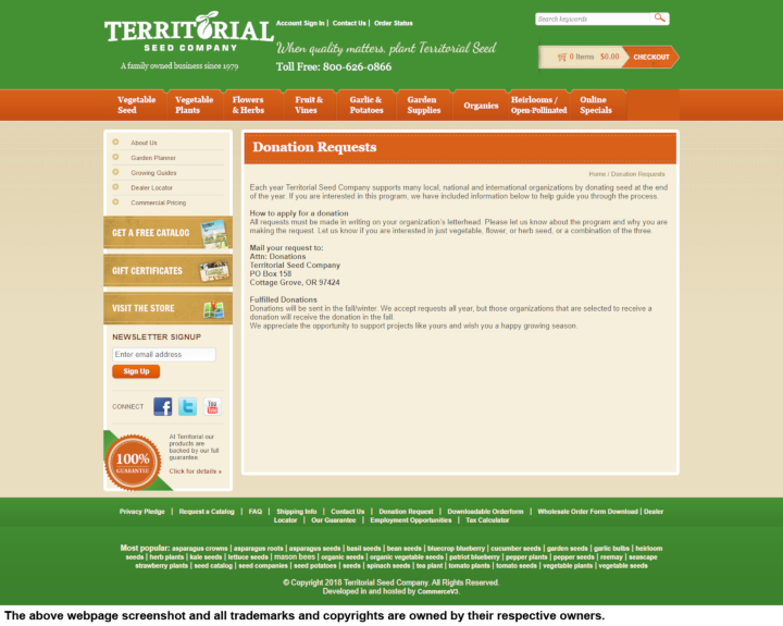 
                Territorial Seed Company donation info and form. http://www.territorialseed.com