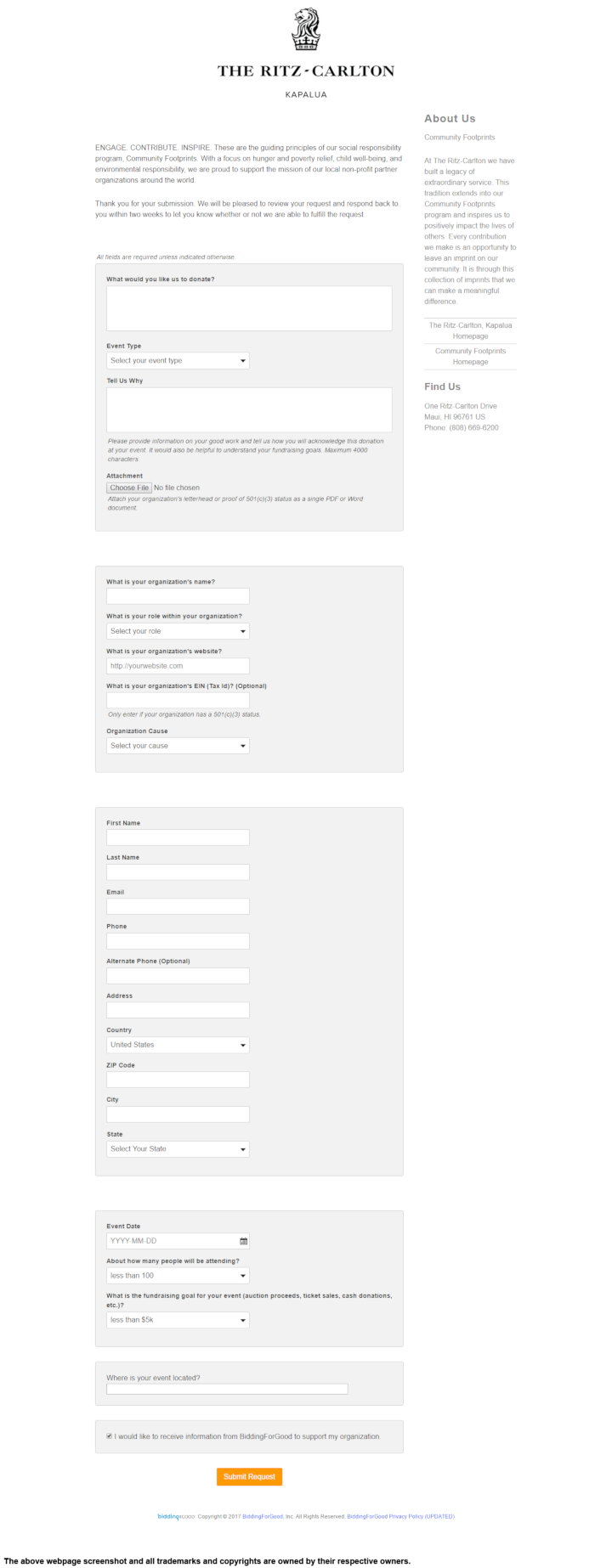 
                The Ritz-Carlton - Kapalua donation info and form. http://www.ritzcarlton.com