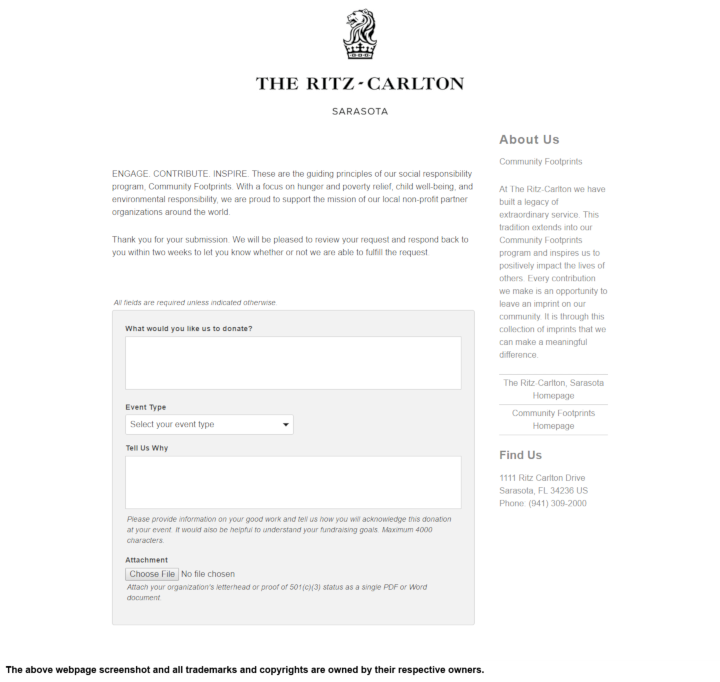 
                The Ritz-Carlton - Sarasota donation info and form. http://www.ritzcarlton.com