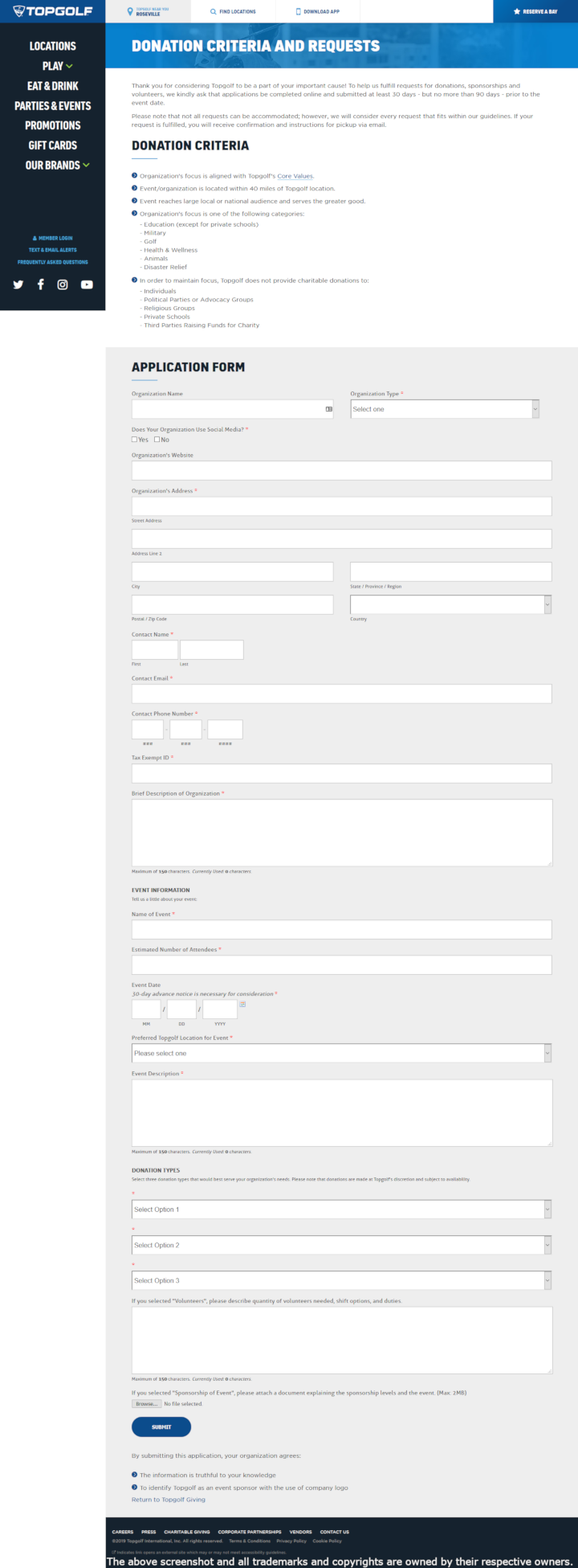 
                TopGolf donation info and form - https://topgolf.com/us/