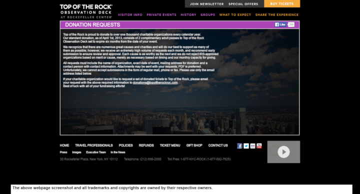 
                Top of the Rock Observation Deck at Rockefeller Center donation info and form. https://www.topoftherocknyc.com