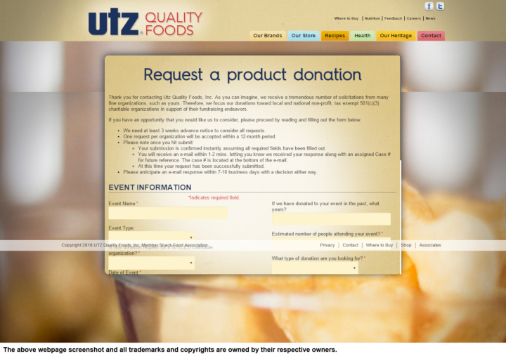
                Utz donation info and form. http://utzsnacks.com