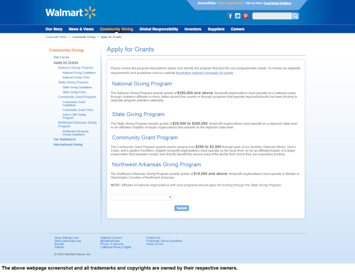 
                Walmart donation info and form. http://corporate.walmart.com