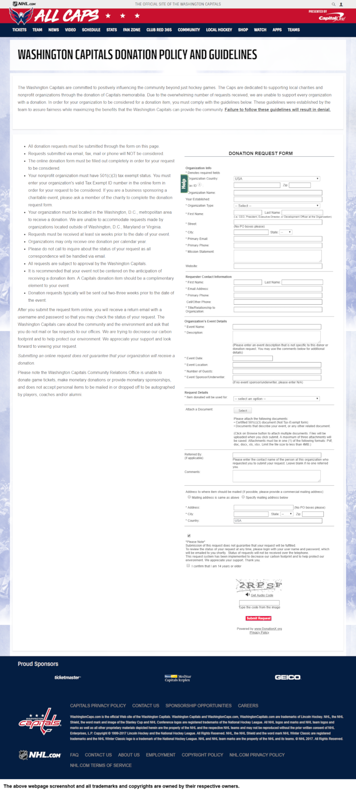 
                Washington Capitals donation info and form. http://capitals.nhl.com