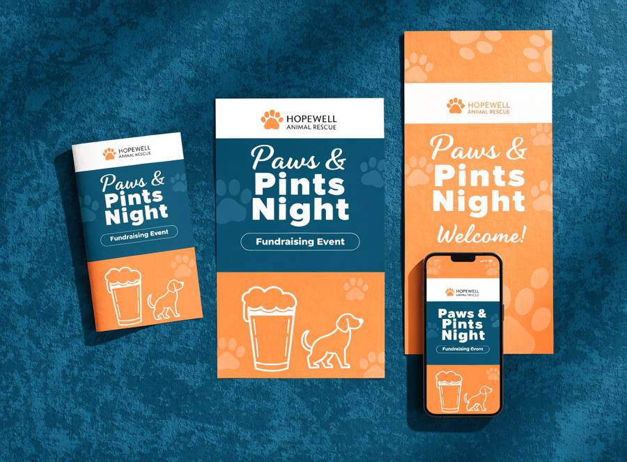 Sample composite of Paws & Pints Night flyer, poster, and Instagram post in a navy-and-orange paw-print theme carrying the fictional Hopewell Animal Rescue's logo