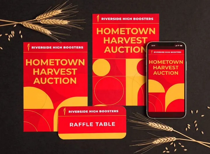 Sample composite of Harvest Auction poster, invitation, and raffle-table card in a red-and-gold geometric theme carrying the fictional Riverside High Boosters' logo