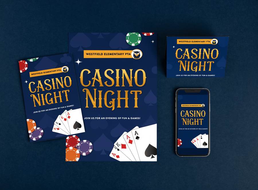 Sample composite of Casino Night flyer, poster, table sign, and Instagram post in a navy-and-gold playing-card theme carrying the fictional Westfield Elementary PTA's logo